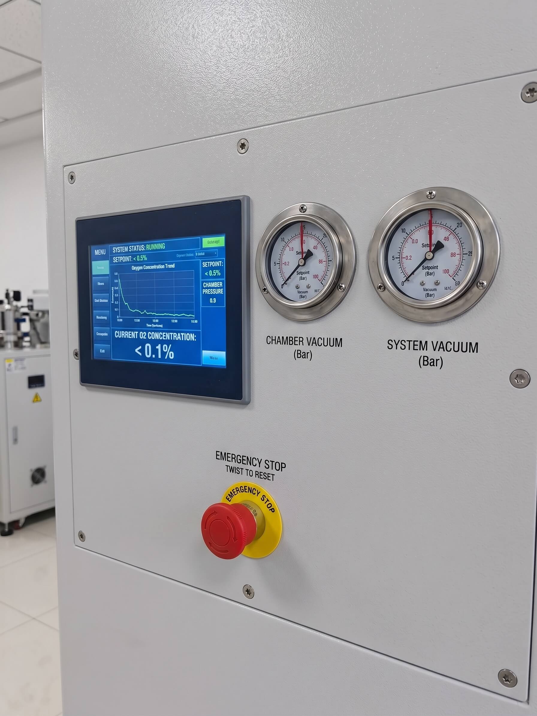 Intelligent PLC control panel showing real-time oxygen levels and cycle parameters Intelligent PLC control panel showing real-time oxygen levels and cycle parameters
