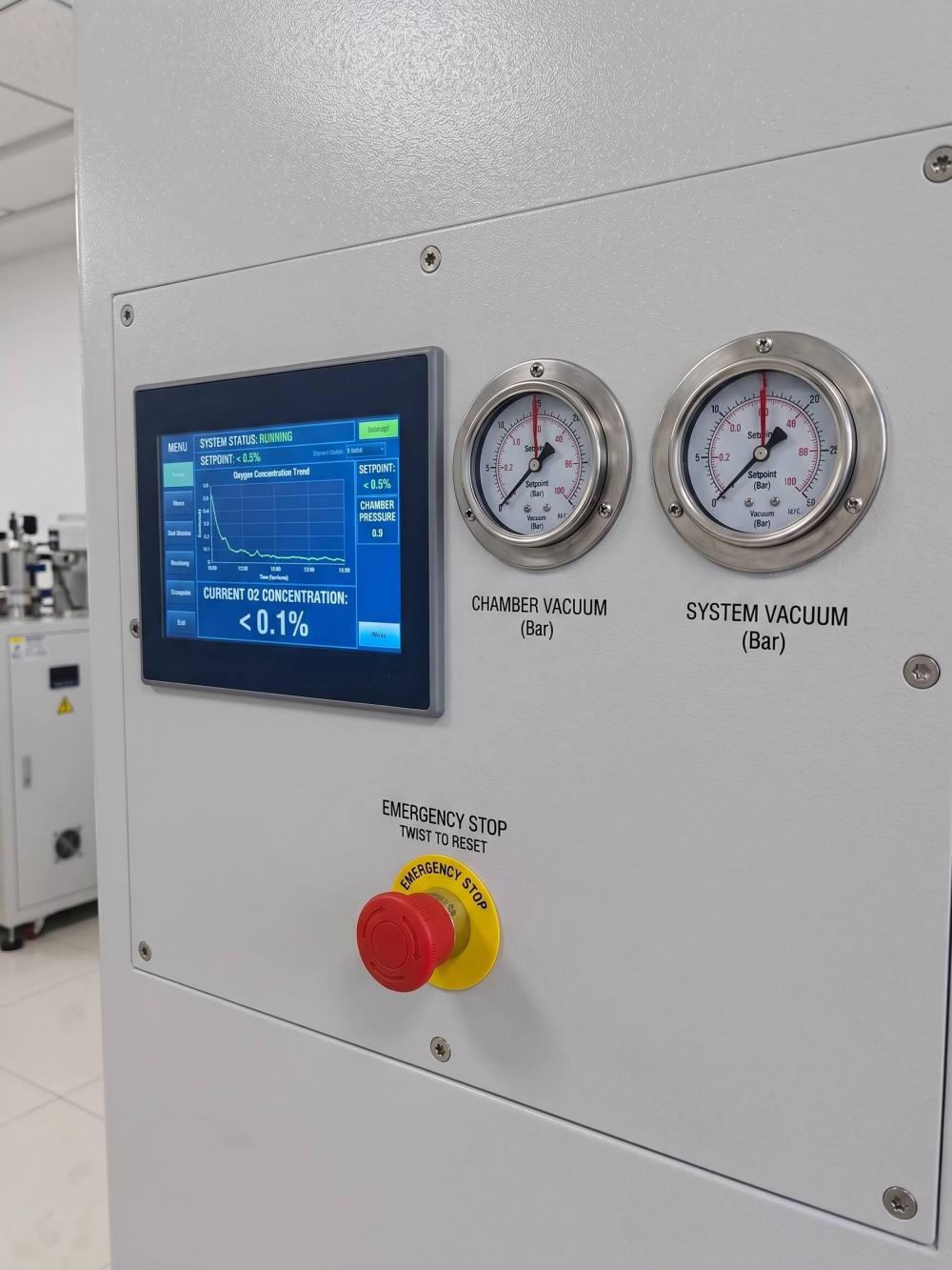 Intelligent PLC control panel showing real-time oxygen levels and cycle parameters